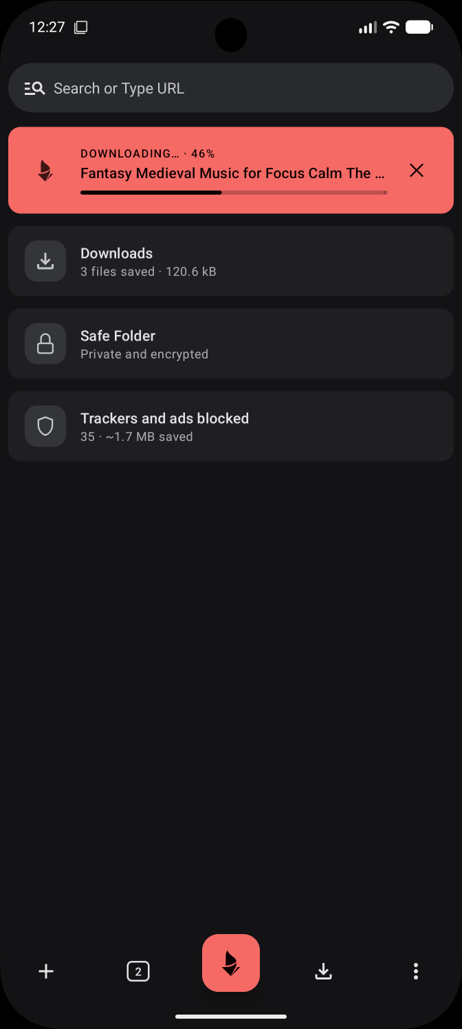 صفحهٔ اصلی Firedown با دکمهٔ Fire-Button مرجانی در نوار ابزار، که دانلودهای فعال، پوشهٔ امن و ردیابهای مسدودشده را نشان میدهد