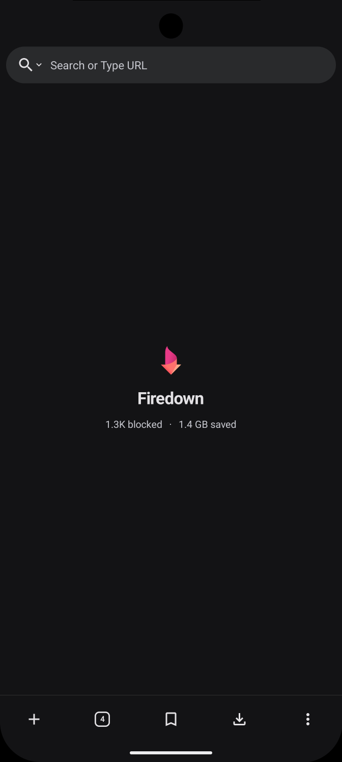 The Firedown browser home screen, showing the address bar and ad-blocking stats